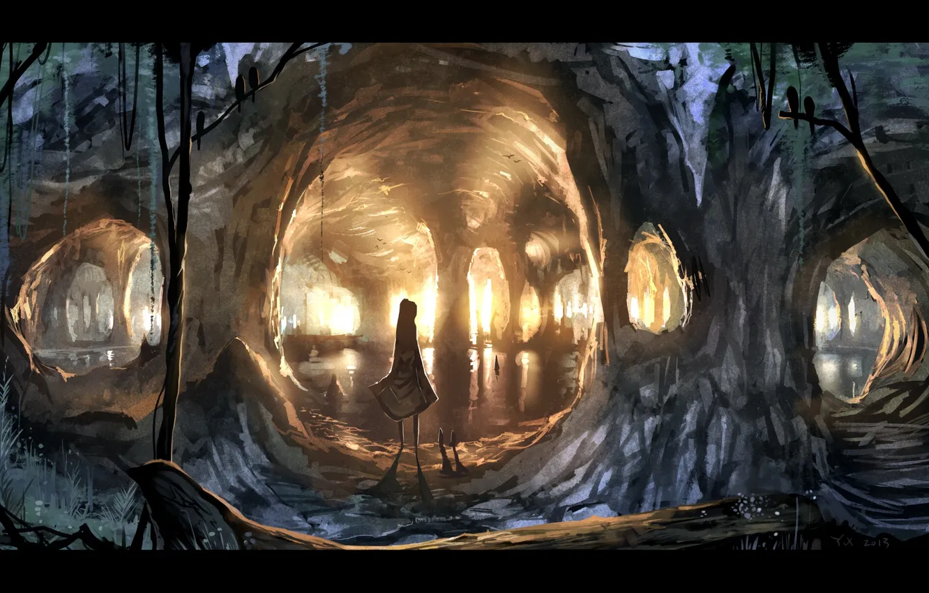 Фото обои вода, девушка, свет, тень, аниме, силуэт, арт, пещера