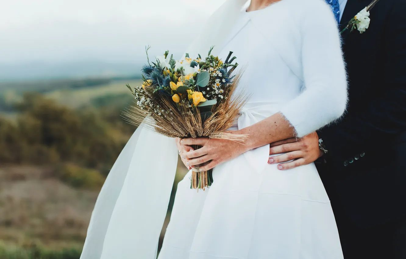 Фото обои букет, руки, платье, невеста, жених, свадебный