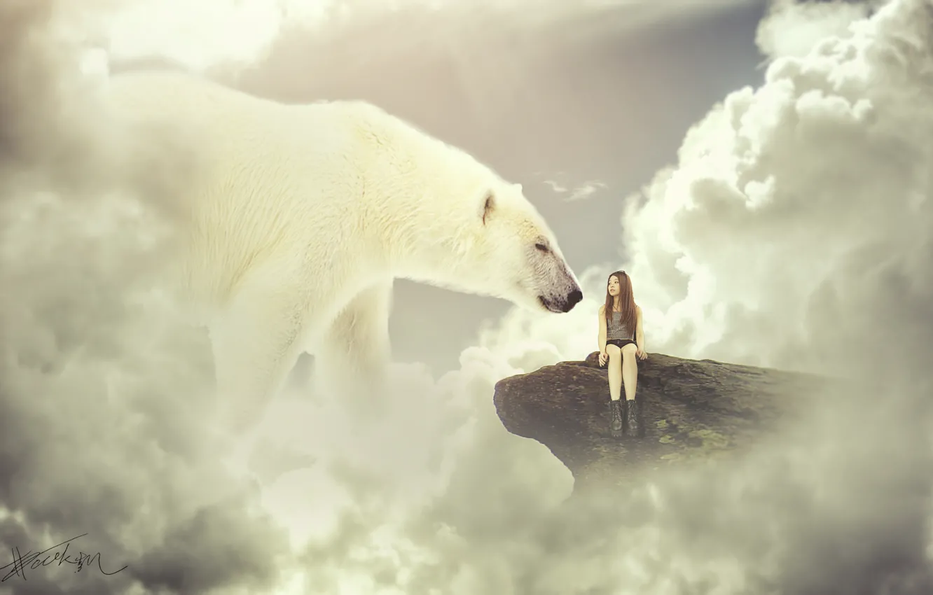 Фото обои небо, девушка, облака, скала, белый медведь