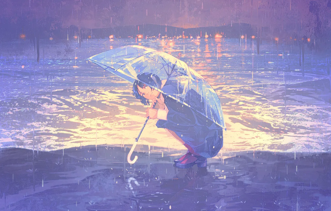 Фото обои море, девушка, дождь, зонт