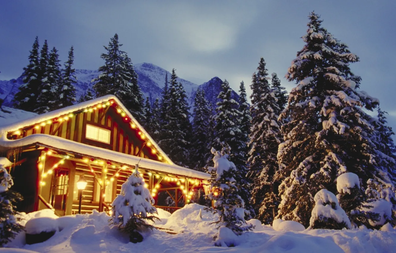 Фото обои лес, свет, снег, горы, дом, новый год, герлянды, Ёлки