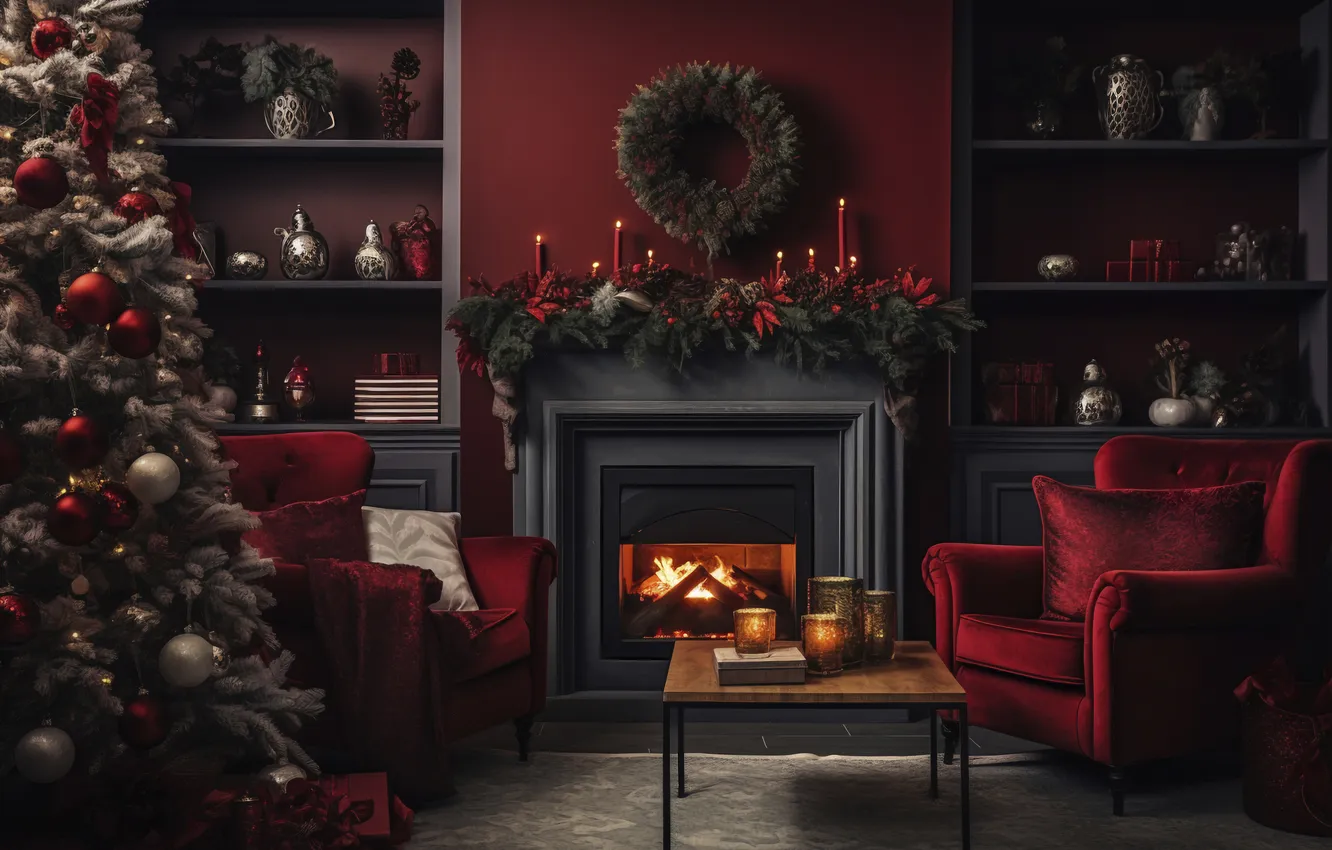 Фото обои комната, елка, новый год, интерьер, Рождество, камин, Christmas, tree