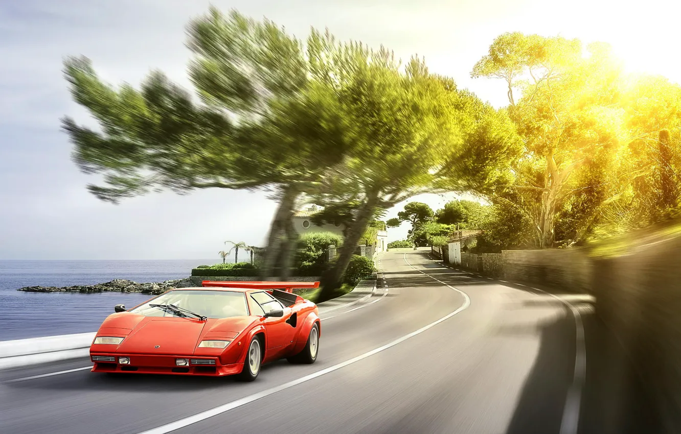 Фото обои солнце, блики, Lamborghini, red, ламборджини, front, Countach, каунтач