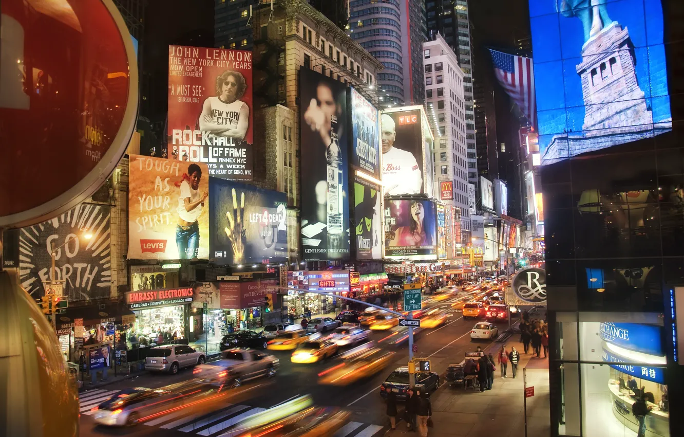 Фото обои машины, ночь, небоскребы, Times Square at Night, New York