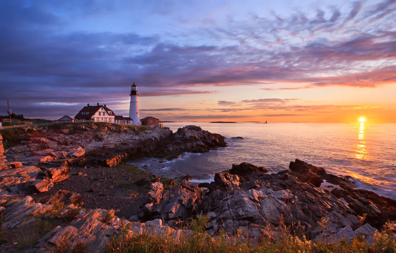 Фото обои море, солнце, скалы, рассвет, маяк, Портленд