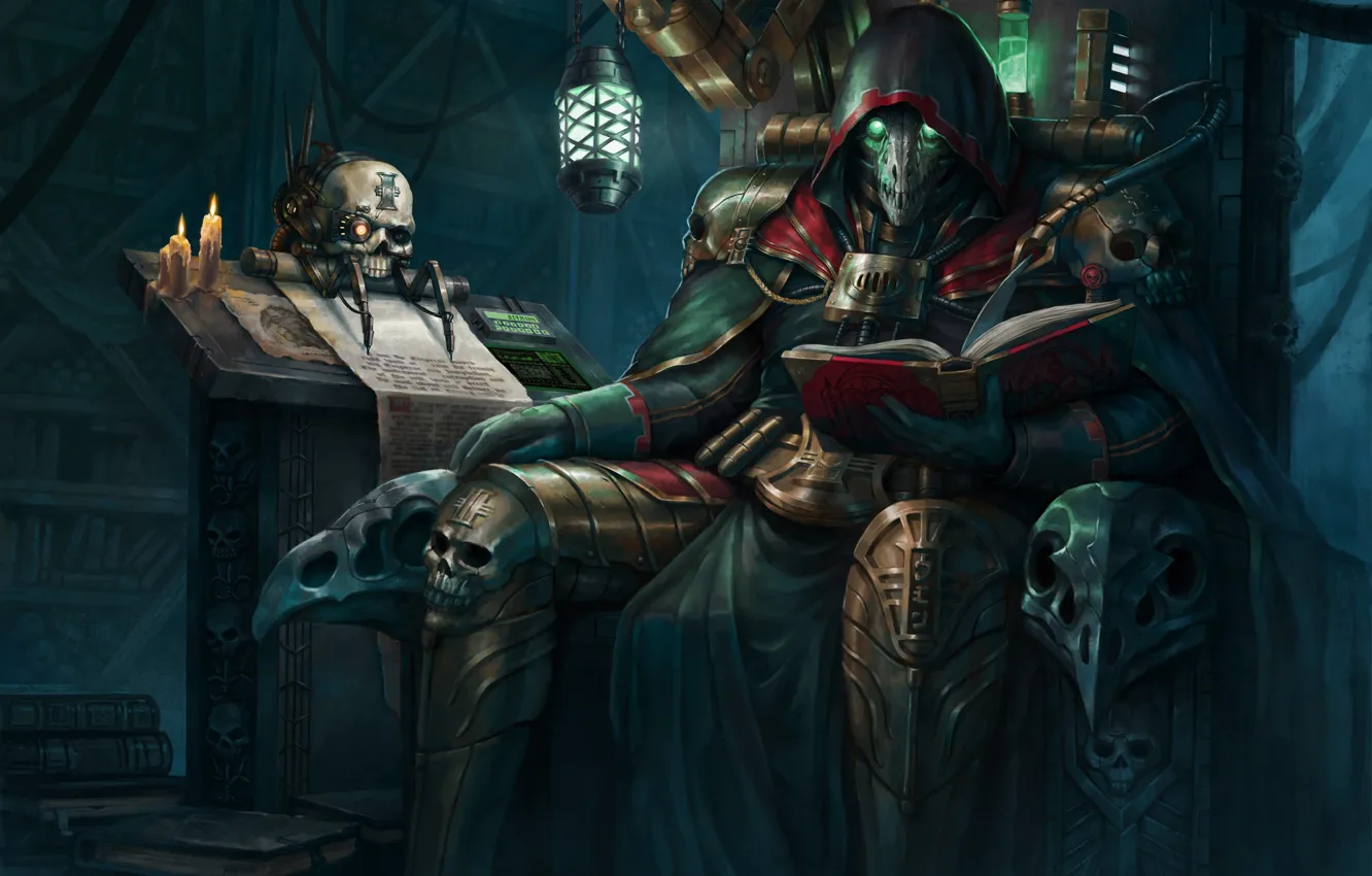 Фото обои череп, монстр, капюшон, трон, Warhammer 40K
