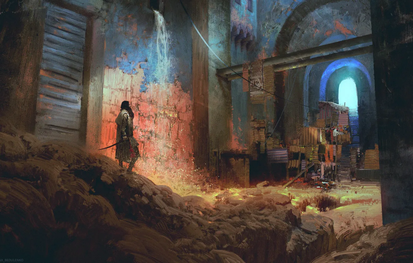 Фото обои стены, человек, арконада, Abandoned Bazaar