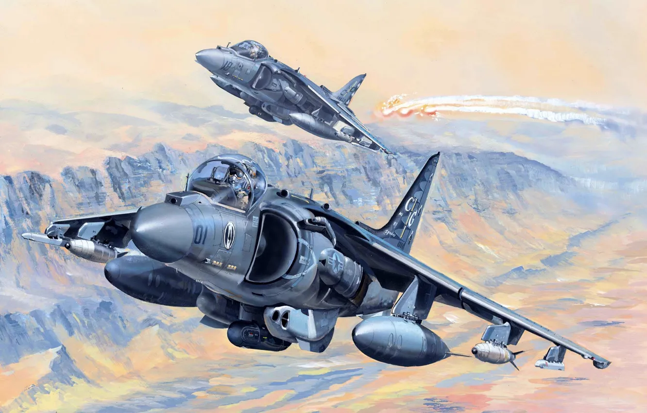 Фото обои Штурмовик, AV-8B Harrier II, US Marines, Самолет вертикального взлета и посадки