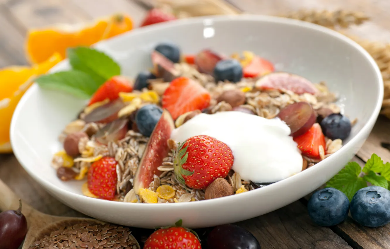 Фото обои ягоды, завтрак, черника, клубника, злаки, fresh, berries, breakfast