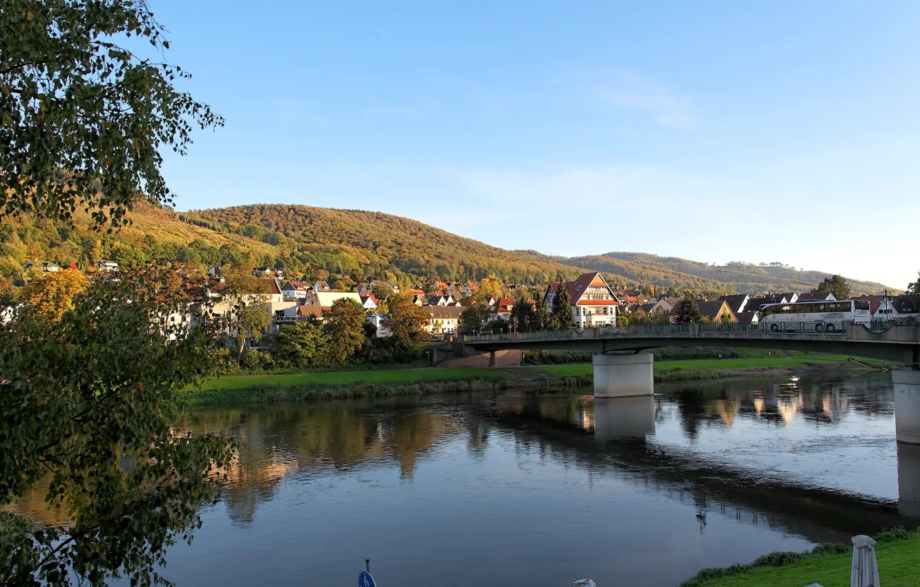 Фото обои мост, город, река, гора, дома, Германия, Боденвердер