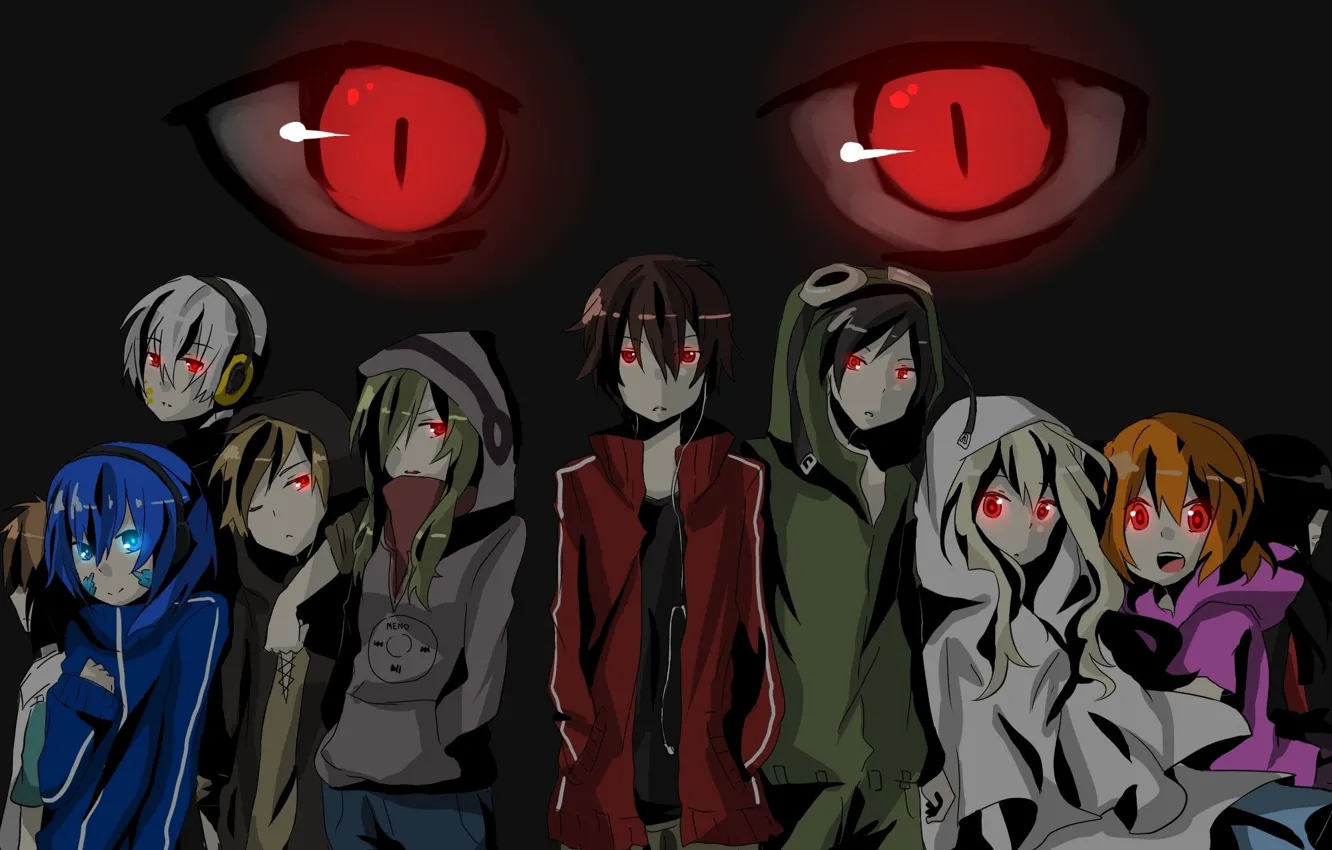 Фото обои банда, красные глаза, змеиные глаза, Kagerou Project, одержимый, Haruka, спортивный костюм, дамоны