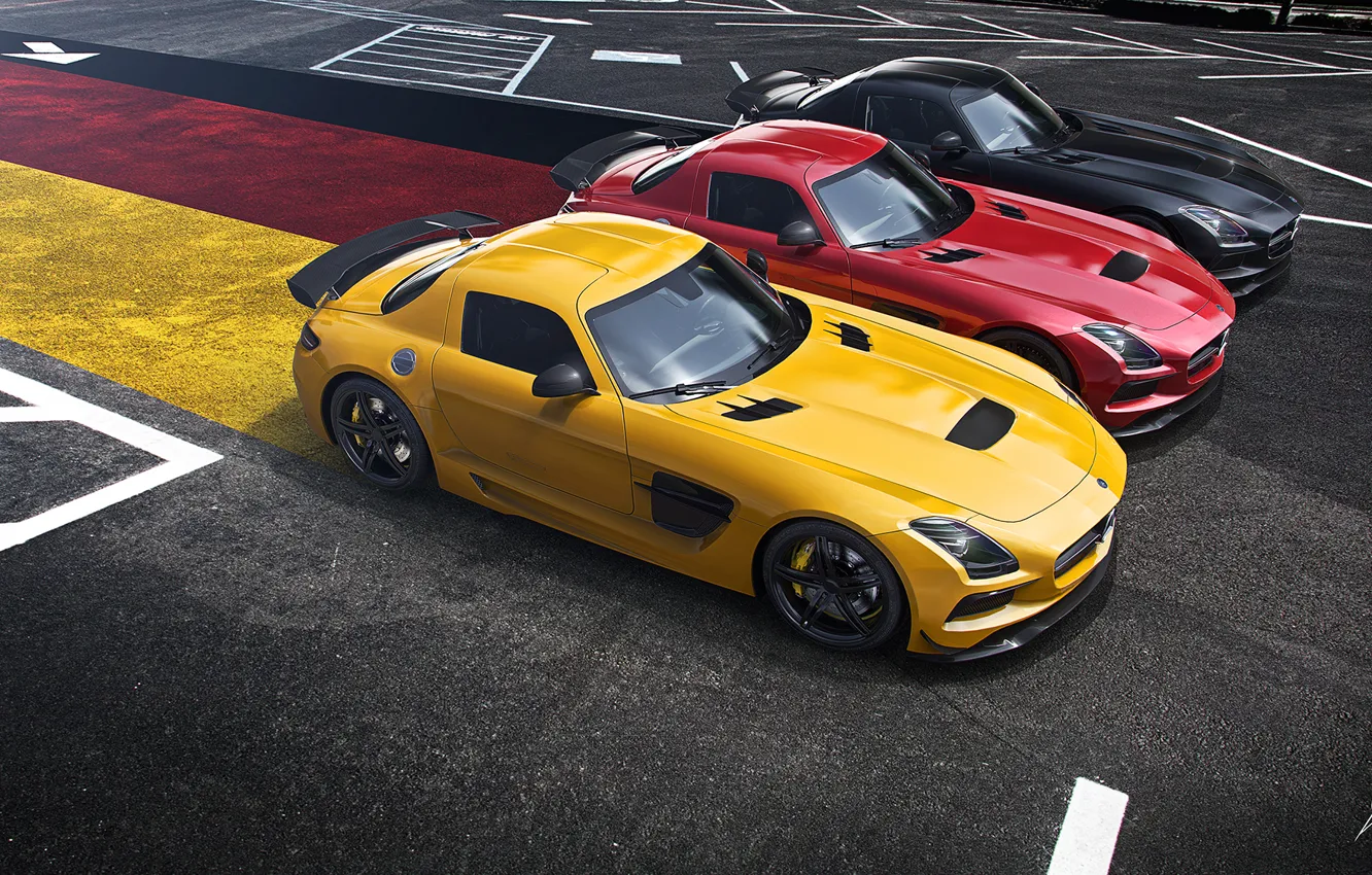 Фото обои Mercedes-Benz, German, Red, AMG, Black, SLS, Yellow, Widescreen