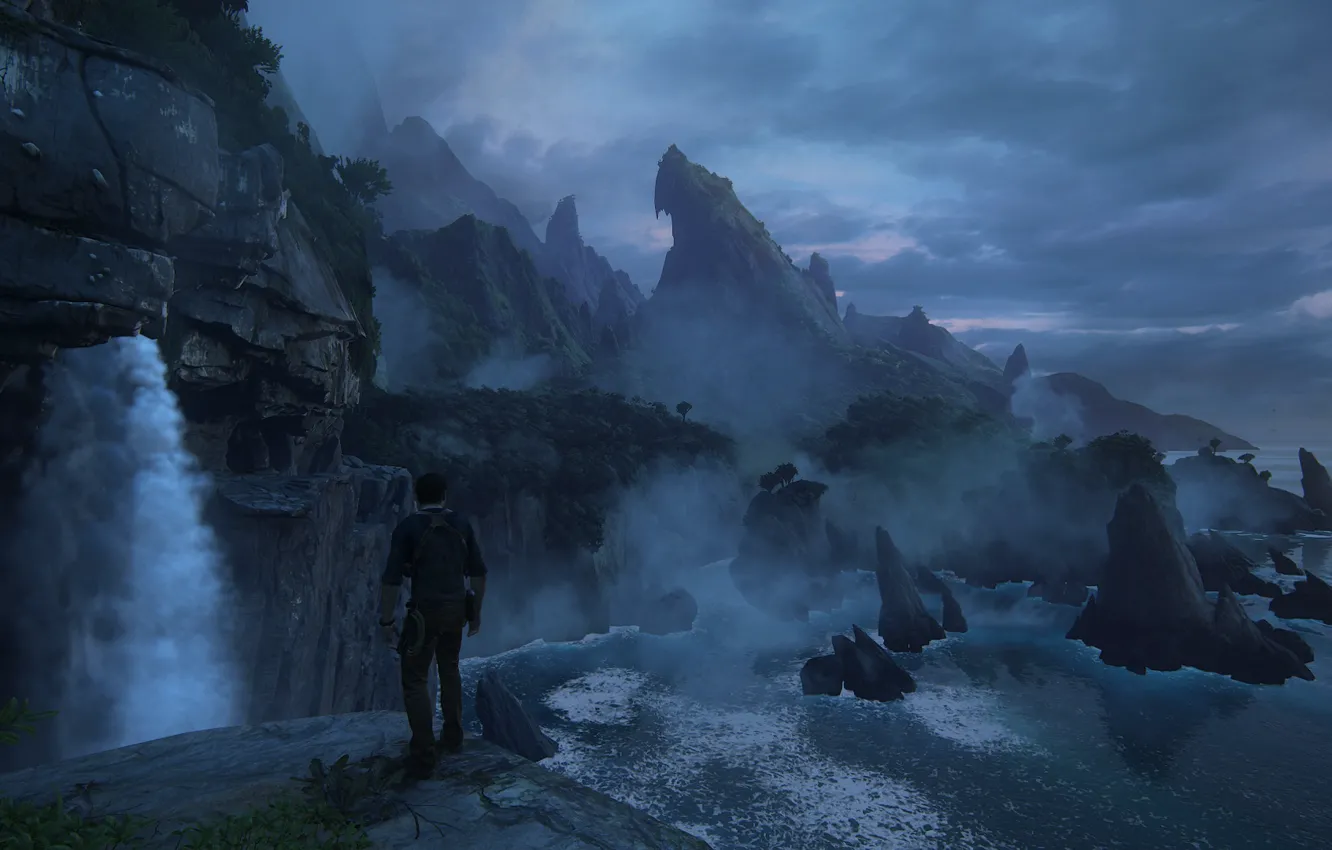 Фото обои скалы, рассвет, остров, джунгли, Naughty Dog, Playstation 4, Uncharted 4: A Thief's End, Нэйтан Дрейк