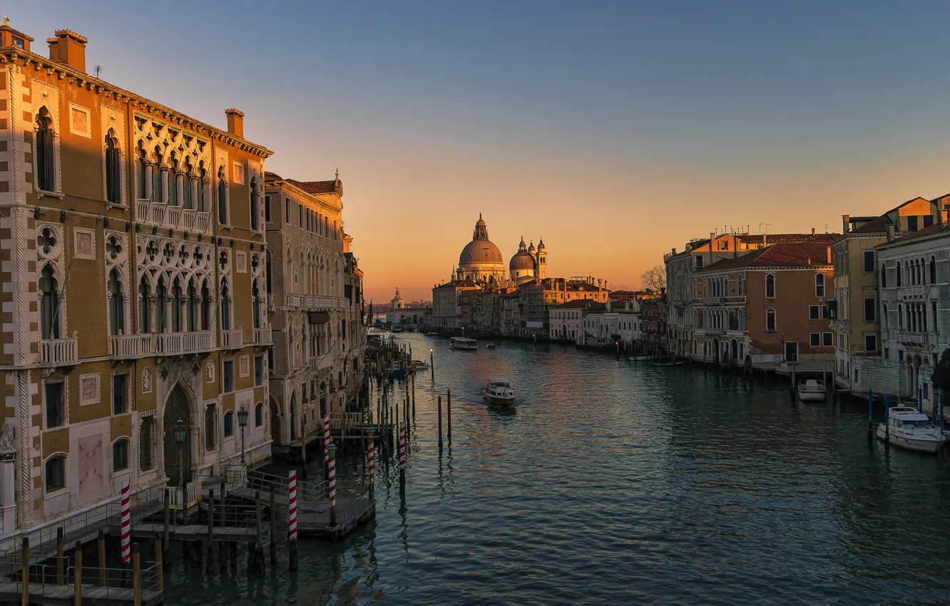 Фото обои дома, вечер, Италия, Венеция, собор, канал, Санта-Мария-делла-Салюте