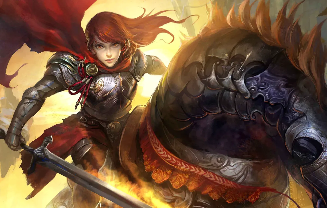 Фото обои девушка, красный, конь, меч, всадница, арт, плащ, legend of cryptids