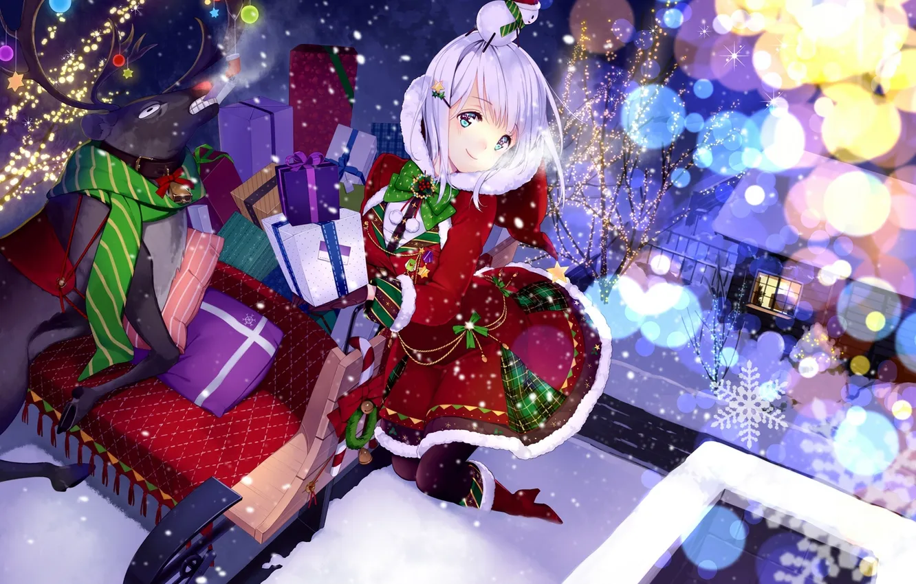 Фото обои зима, девушка, снег, огни, праздник, новый год, рождество, аниме