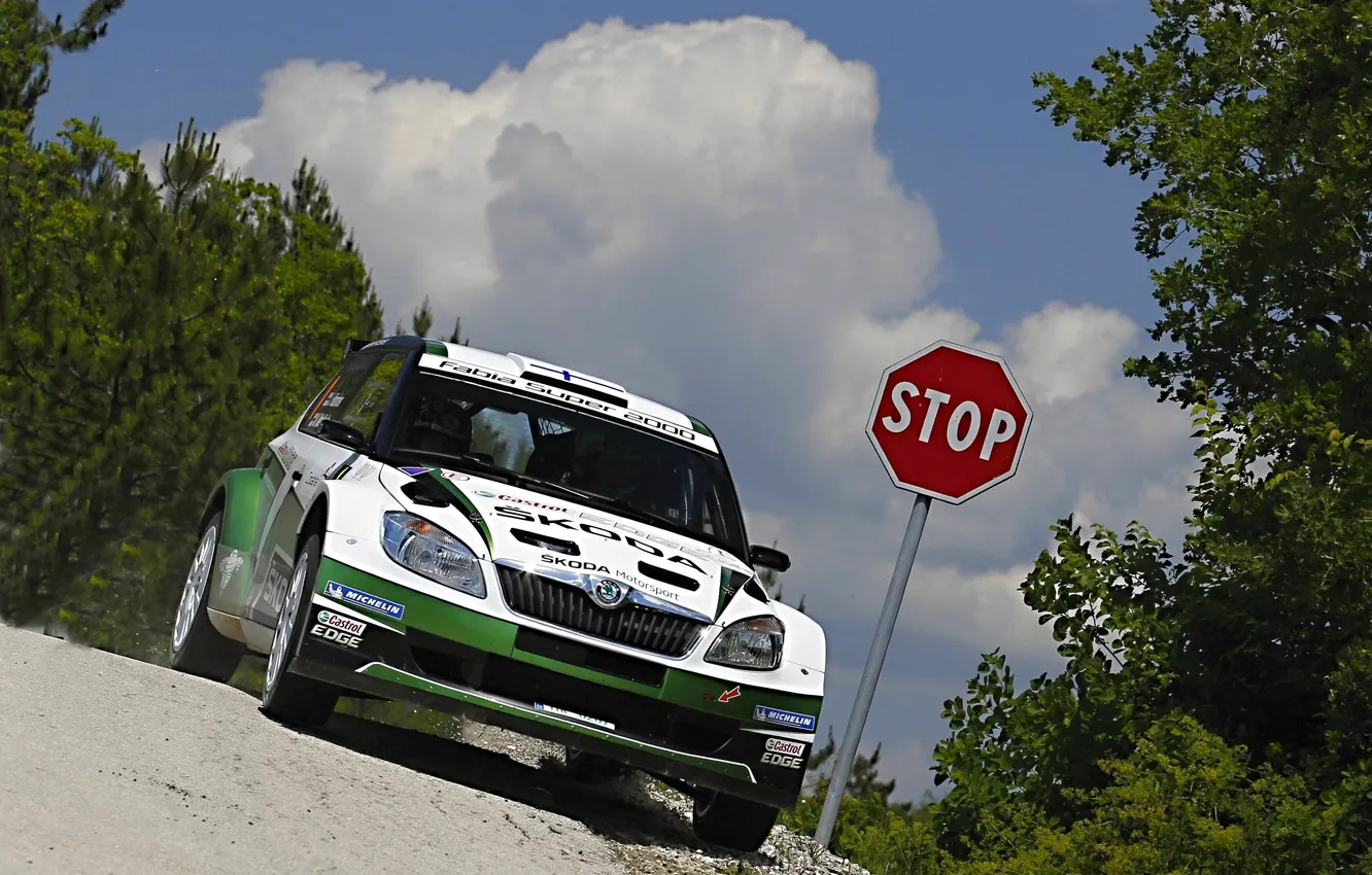 Фото обои Небо, Гонка, Знак, Rally, Ралли, Передок, Skoda, Fabia