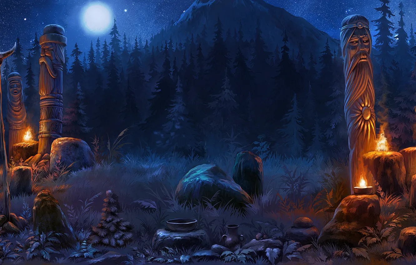 Фото обои лес, горы, ночь, череп, кувшин, идолы, Game background