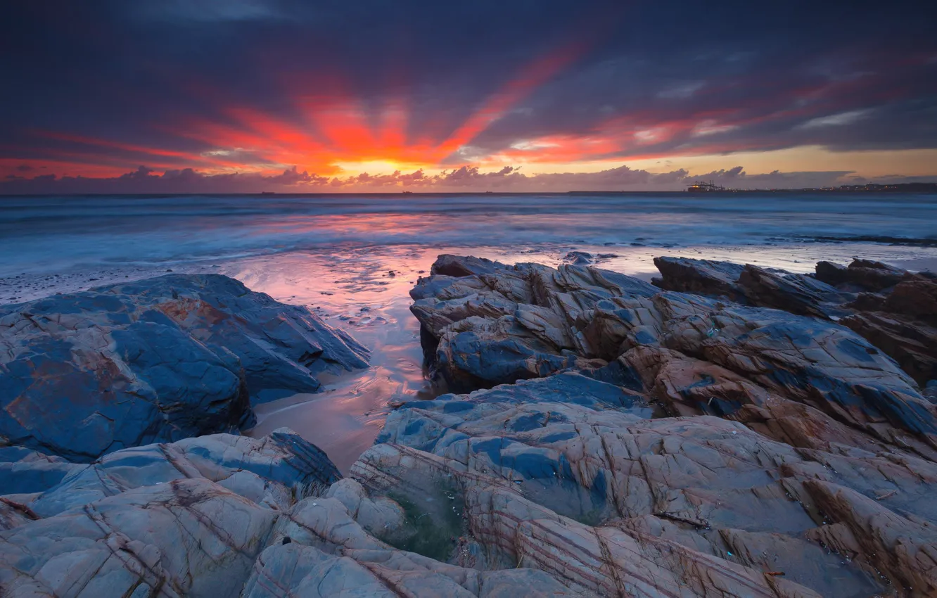 Фото обои пейзаж, камни, океан, рассвет, берег