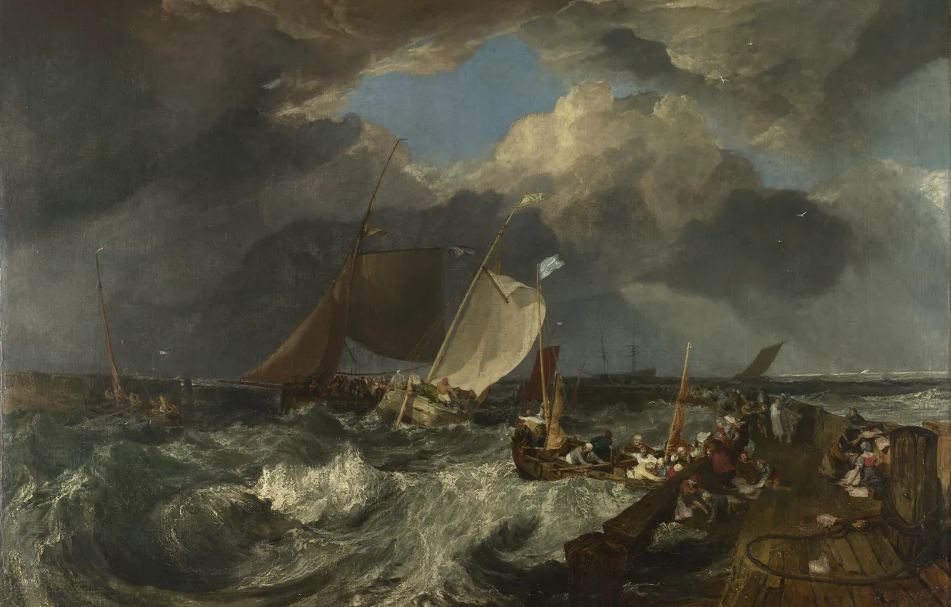 Фото обои море, небо, тучи, шторм, люди, лодка, корабль, картина