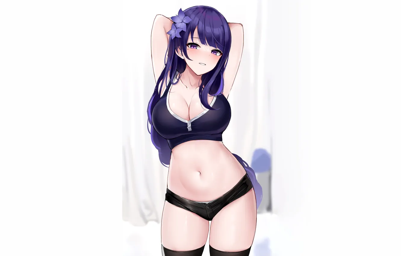 Фото обои girl, sexy, cleavage, shorts, thighhighs, long hair, boobs, anime