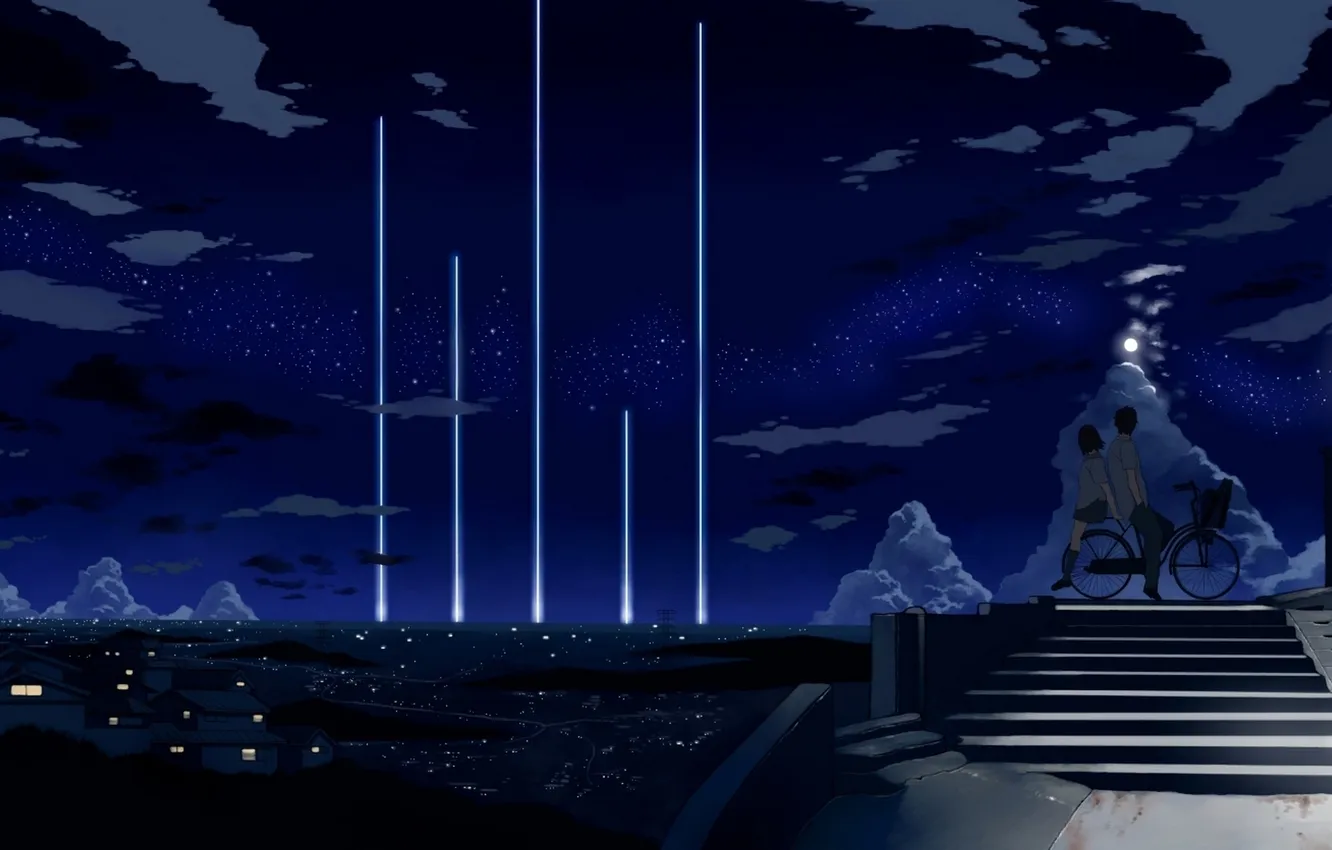 Фото обои небо, девушка, звезды, облака, ночь, велосипед, город, огни