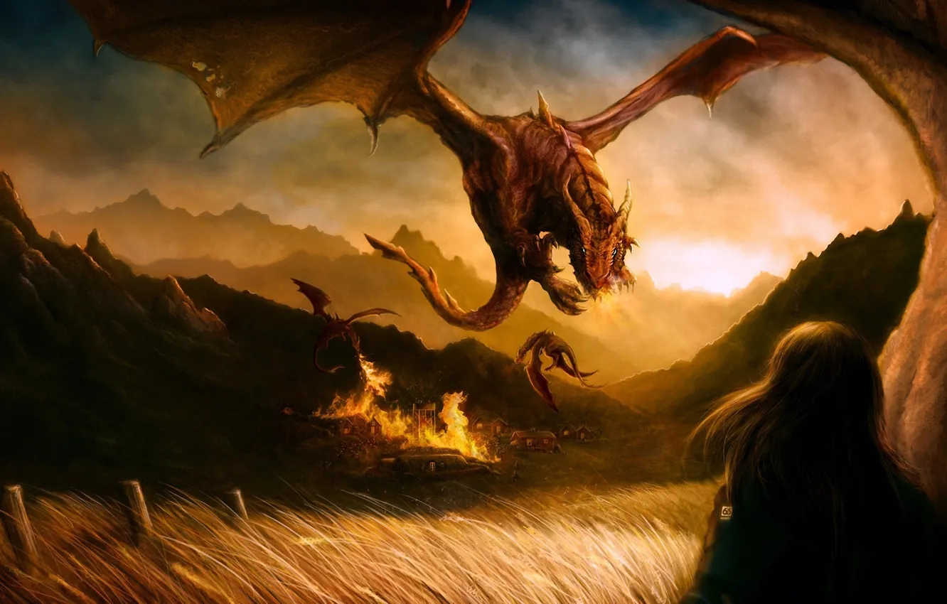 Фото обои трава, девушка, горы, огонь, драконы, арт, rodg-art