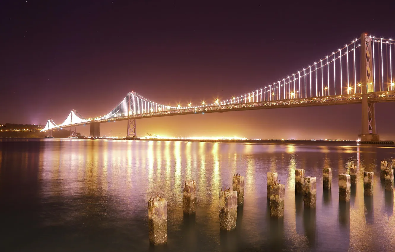 Фото обои ночь, мост, город, огни, река, берег