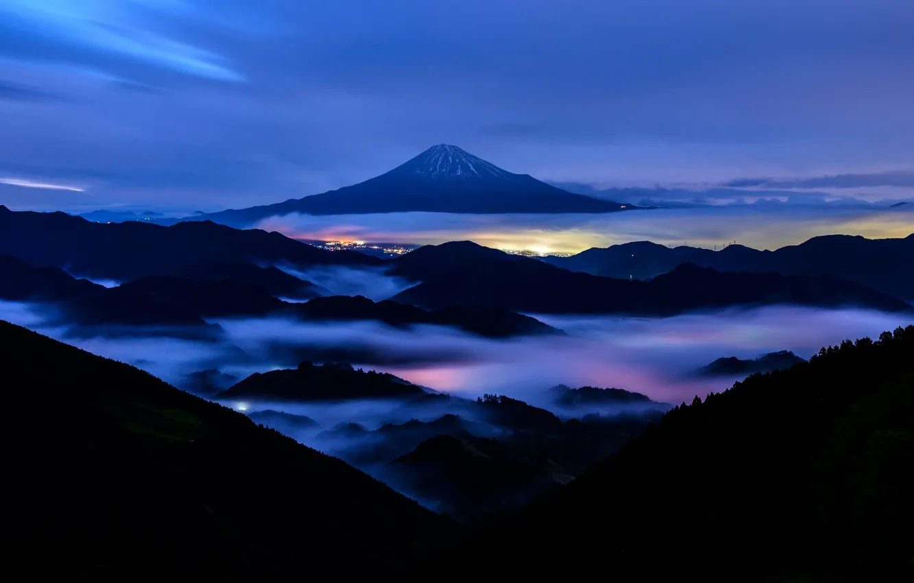 Фото обои city, lights, Japan, forest, Mount Fuji, sky, trees, landscape