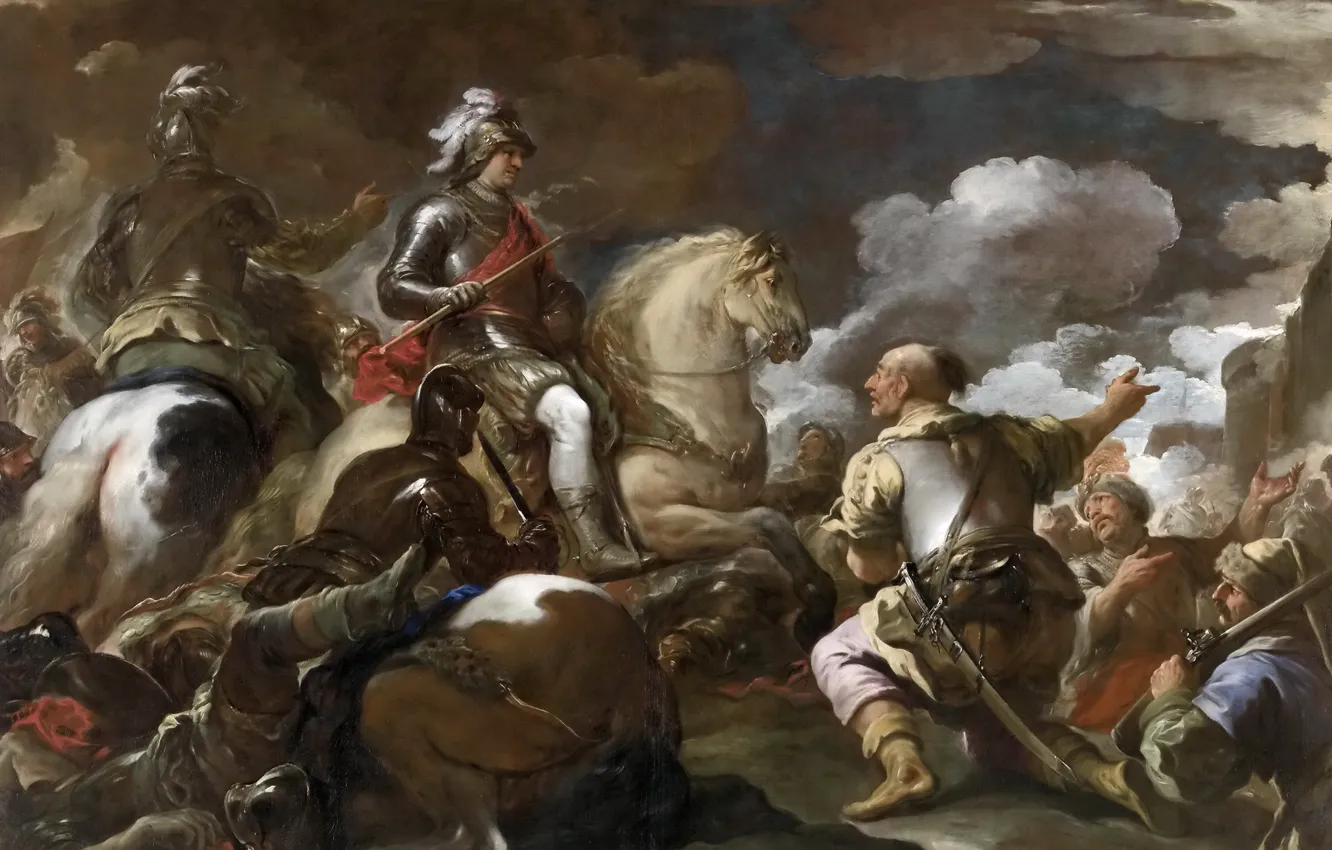 Фото обои лошадь, картина, воин, всадник, батальный жанр, Лука Джордано, Взятие Крепости