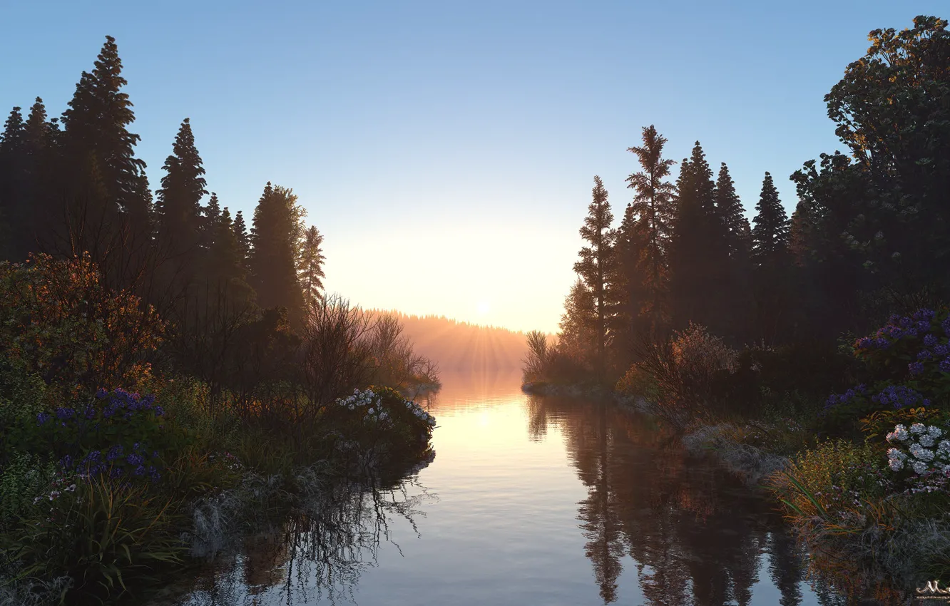 Фото обои отражение, река, растительность, берега, morning rays