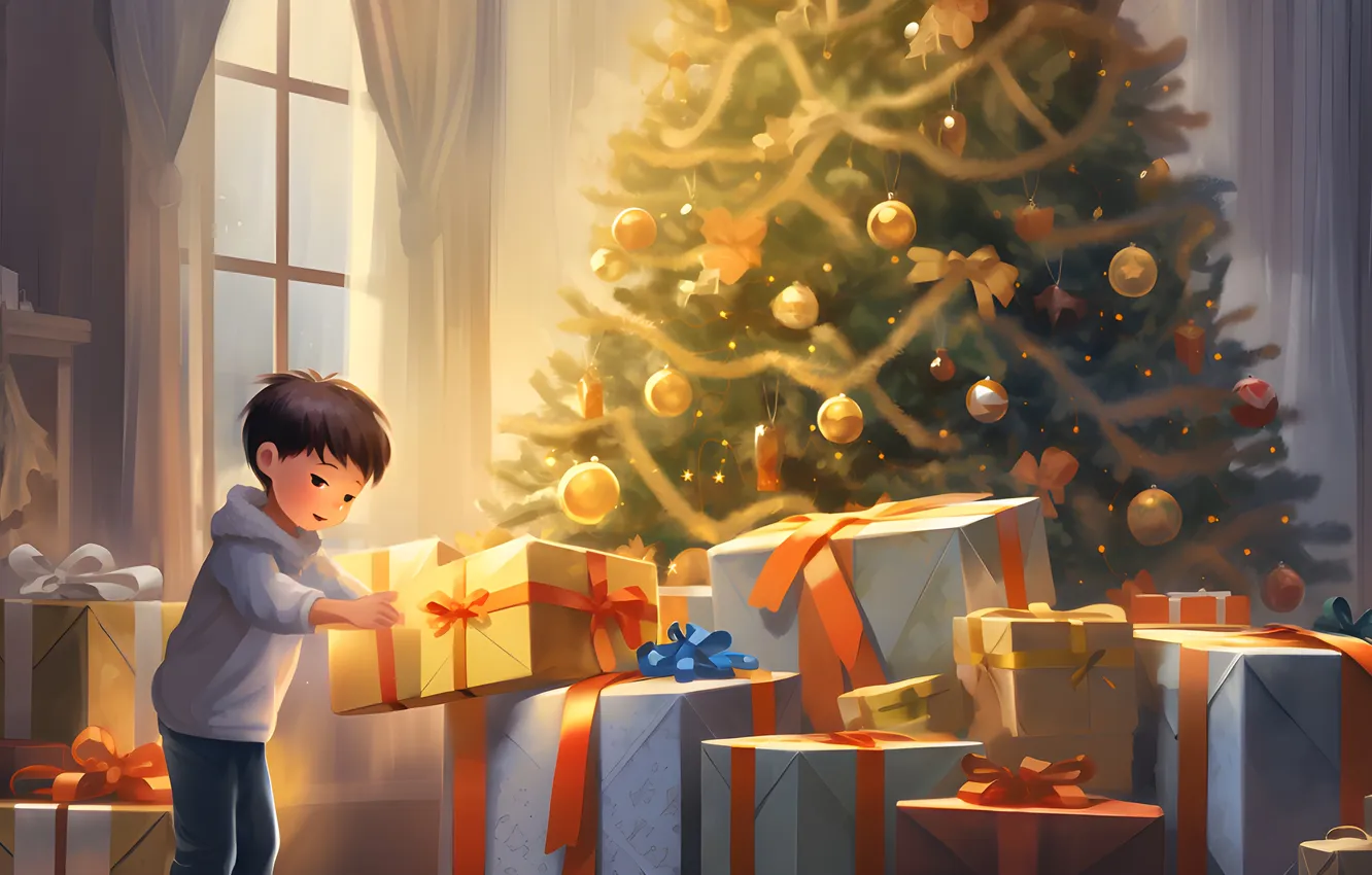 Фото обои подарок, елка, новый год, мальчик, Рождество, цифровое искусство, ИИ-арт, Искусство искусственного интеллекта