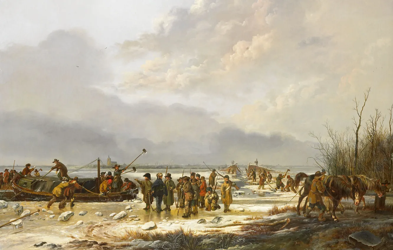 Фото обои пейзаж, масло, картина, холст, Питер Герардус ван Ос, Замёрзший Karnemelksloot в Наардене