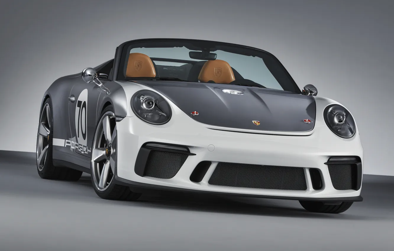 Фото обои Porsche, вид спереди, 2018, серо-серебристый, 911 Speedster Concept