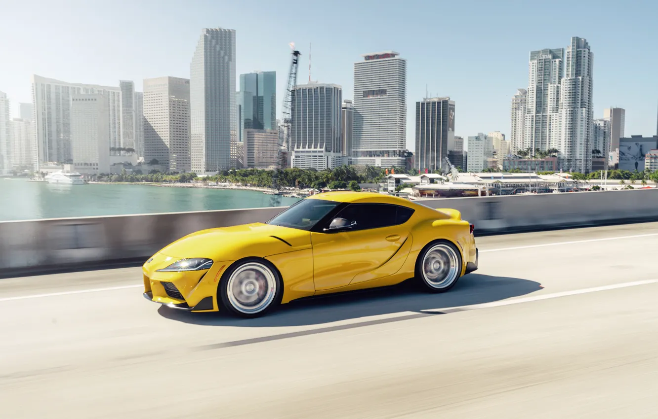 Фото обои дорога, жёлтый, спорткар, Toyota Supra, дания, 2020 Toyota GR Supra