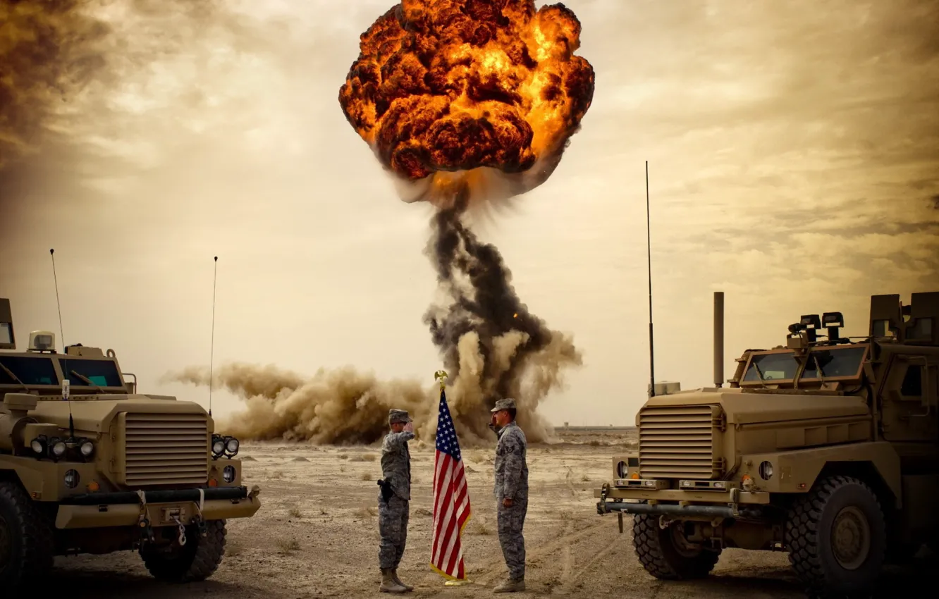 Фото обои грузовики, взрыв, гриб, солдаты, USA, army, приветствие