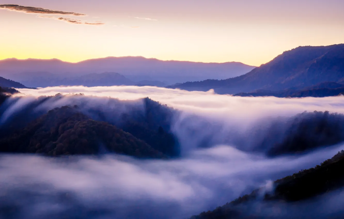Фото обои горы, туман, красота, Япония, Japan, Autumn, Mist, Morning