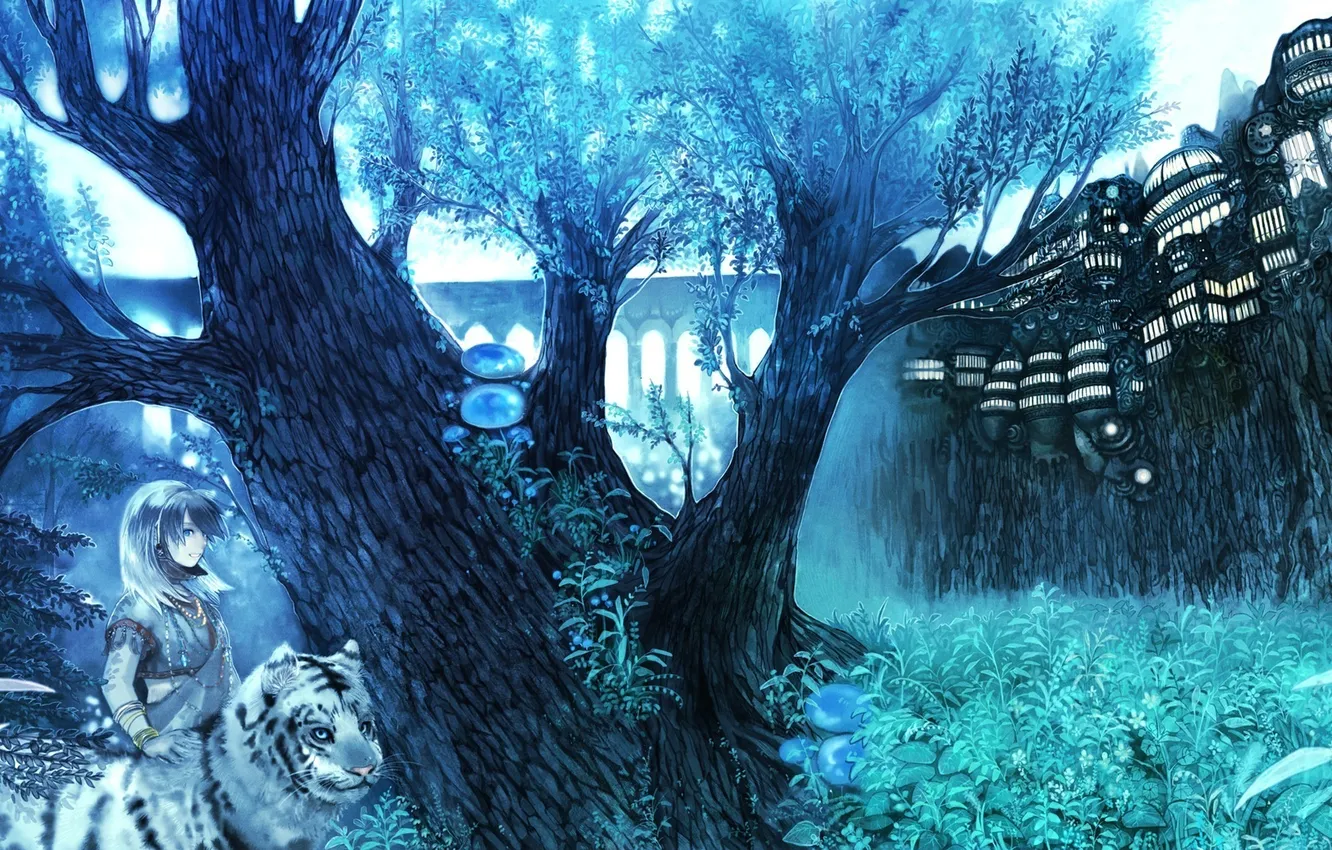 Фото обои девушка, деревья, ночь, мост, тигр, грибы, дома, аниме