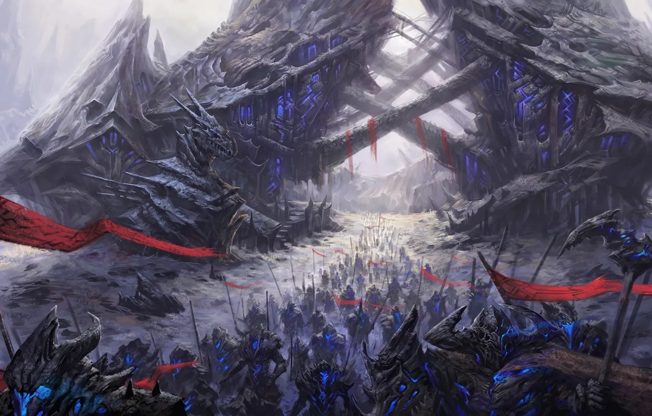 Фото обои снег, скалы, дракон, армия, арт, ущелье, нежить, знамя