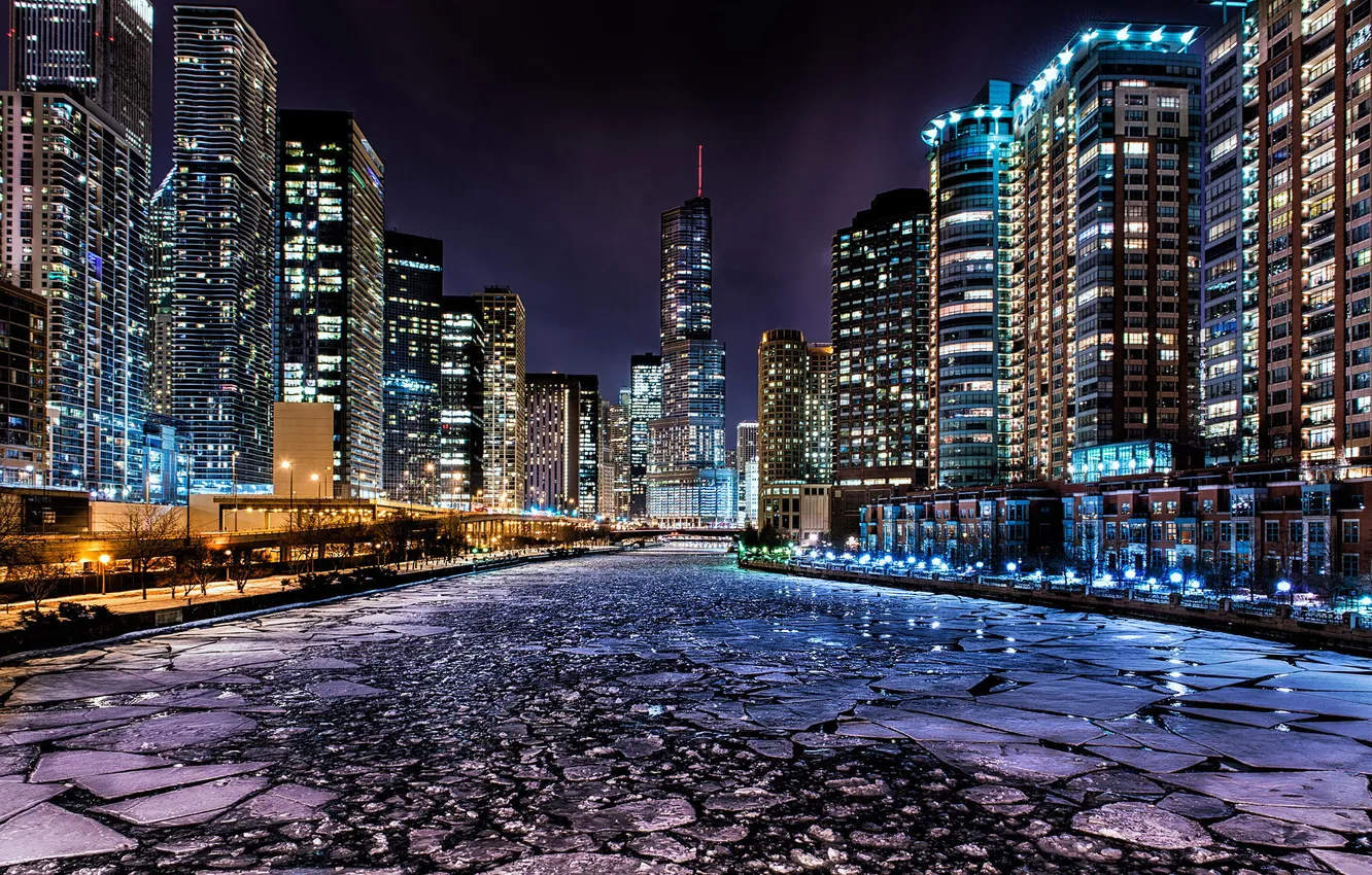 Фото обои Зима, Огни, Ночь, Река, Чикаго, Небоскребы, Здания, Америка