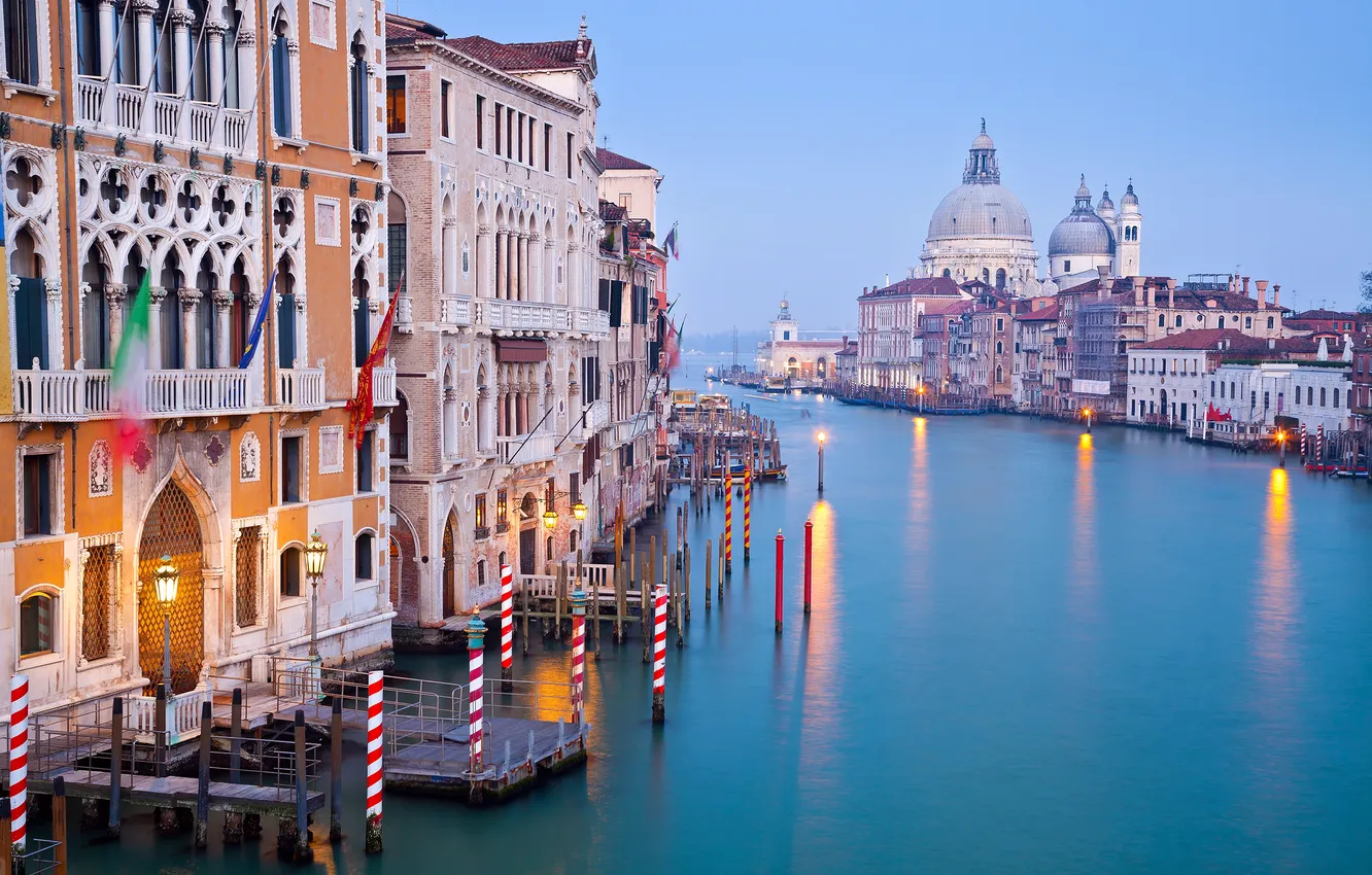 Фото обои небо, огни, вечер, Италия, Венеция, собор, канал