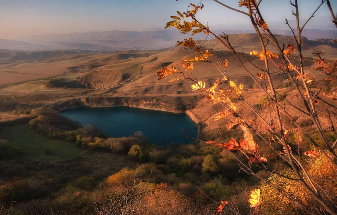 Фото обои осень, пейзаж, горы, ветки, природа, озеро, дерево, Кабардино-Балкария