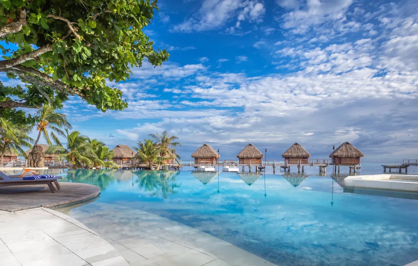 Фото обои пальмы, океан, бассейн, курорт, Moorea, Французская Полинезия, бунгала, Manava Beach Resort