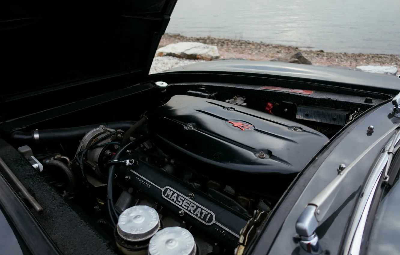 Фото обои двигатель, чёрный, Maserati, 1969, родстер, спайдер, Ghibli Spider