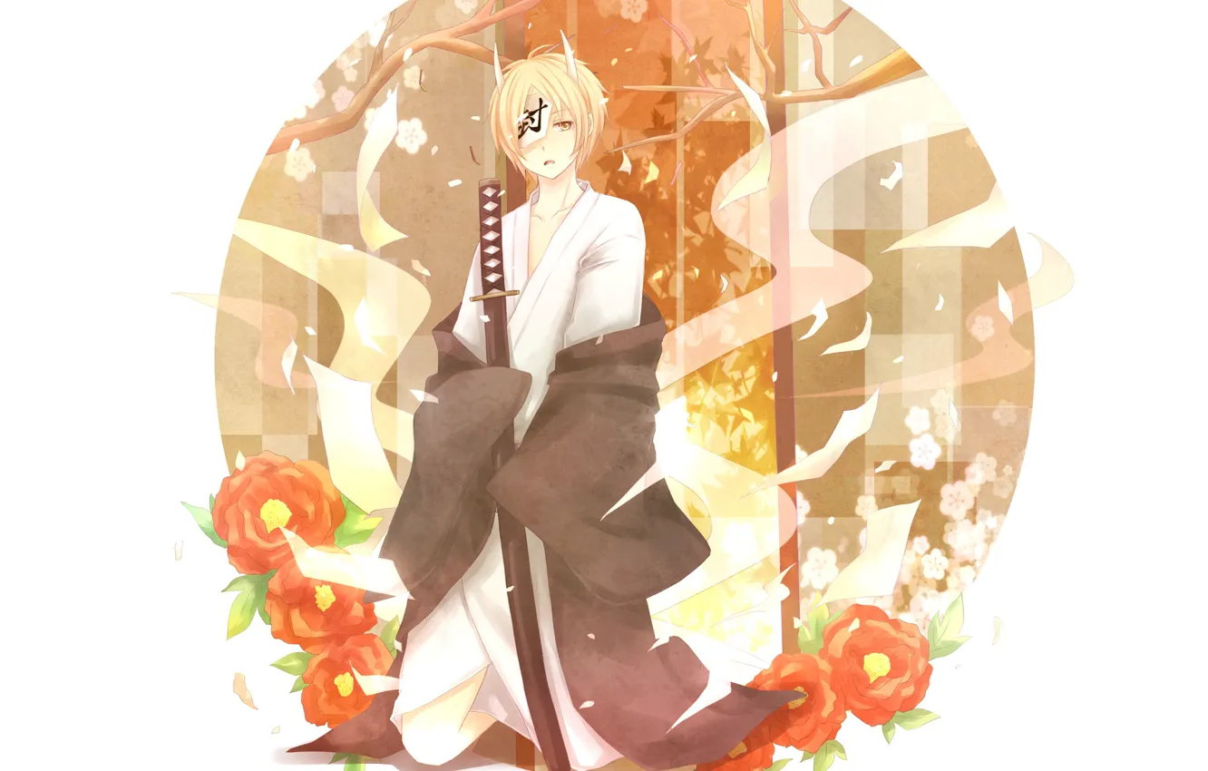 Фото обои цветы, меч, парень, юката, Natsume Yuujinchou, Тетрадь дружбы Натсуме, Натсуме