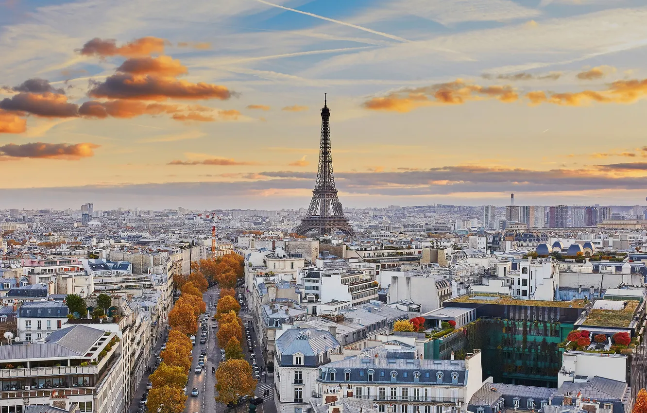 Фото обои Париж, дома, Облака, Город, Осень, Paris, улицы