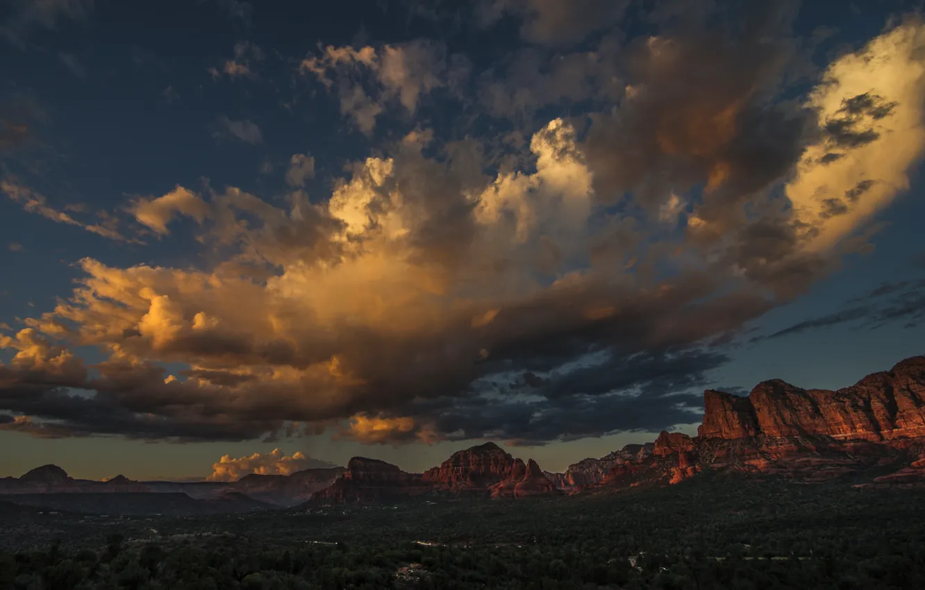 Фото обои облака, деревья, горы, скалы, пейзажи, каньон, америка, юта