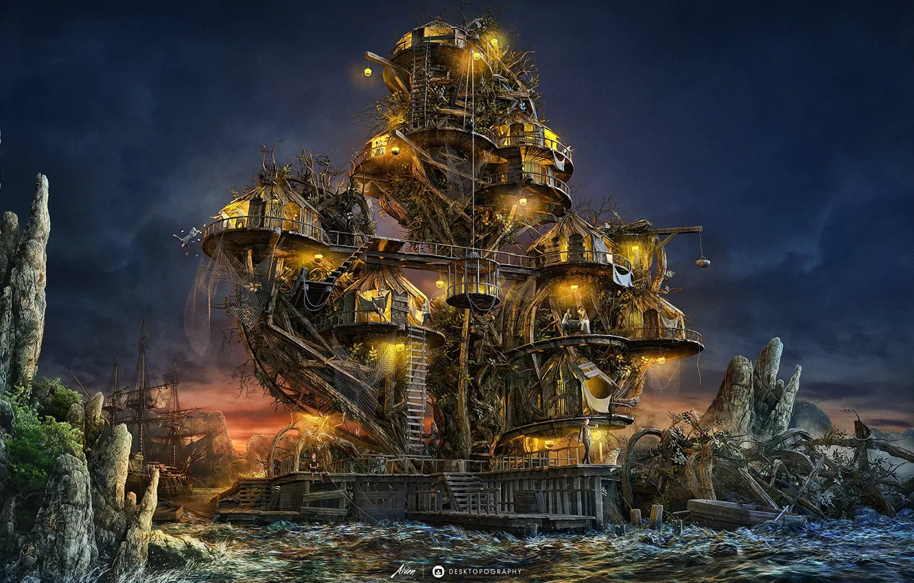 Фото обои ночь, дом, корабль, остров, арт, desktopography, pirate island