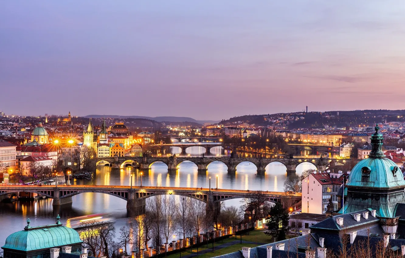 Фото обои город, вечер, Прага, Чехия, Prague bridges