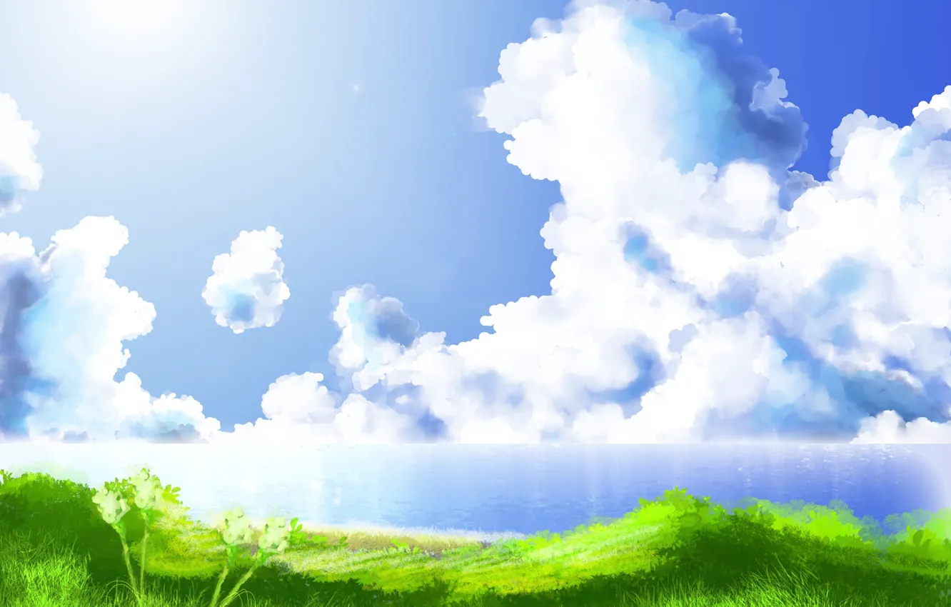 Фото обои море, трава, солнце, облака, пейзаж, берег, рисунок